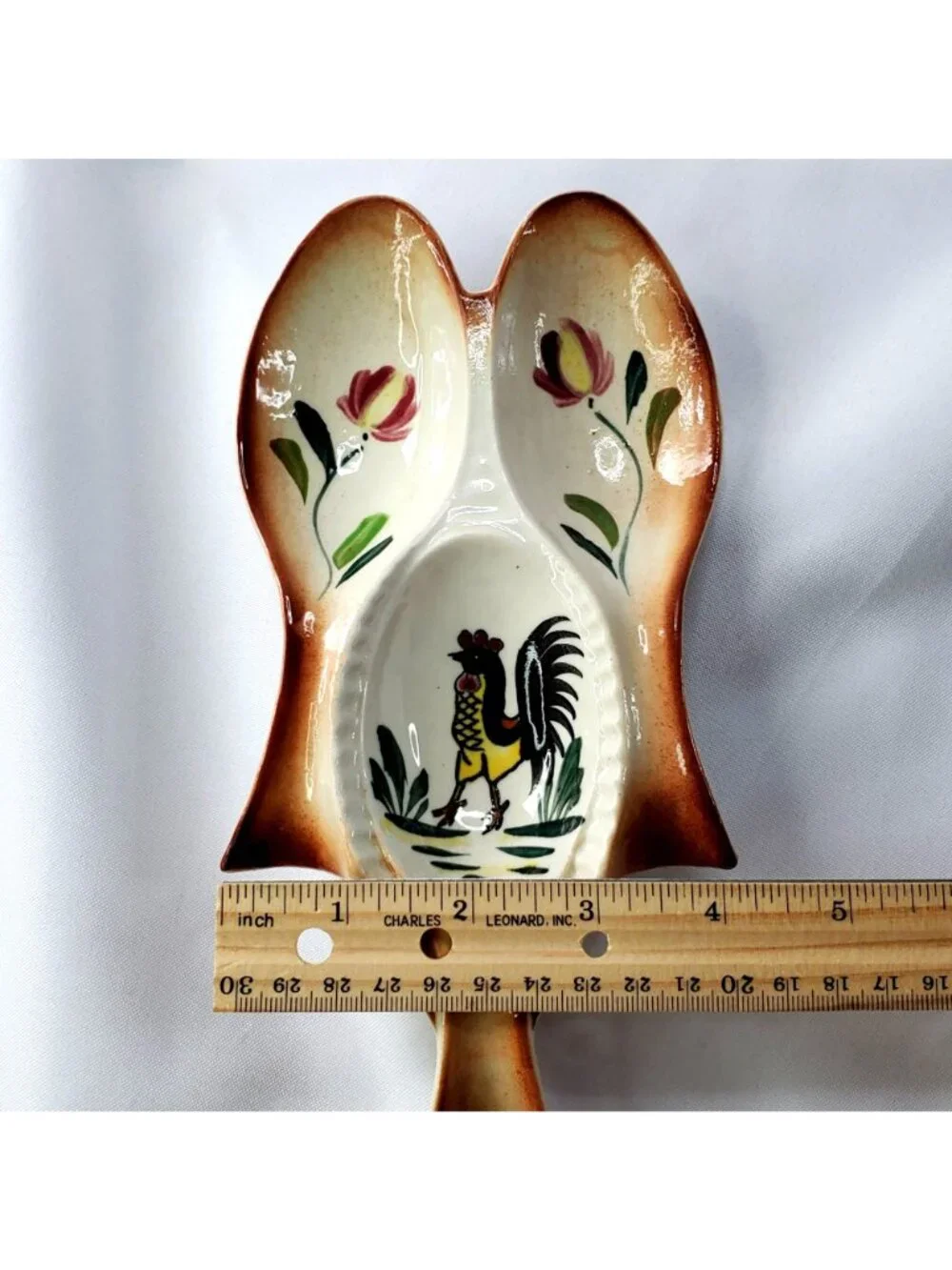 Vintage Hand Painted Ceramic Rooster Chicken Triple Spoon Rest Kitchen Cooking